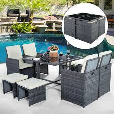 Goplus Goplus 9pcs Gray Cushioned Rattan Patio Set Outdoor Furniture Garden W Ottoman Outdoor Living Pa Patio Set Outdoor Furniture Garden Table And Chairs