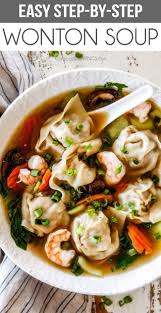 Up Close Of Easy Wonton Soup Recipe In A White Bowl Asian Soup Recipes Wonton Soup Recipe War Wonton Soup Recipe