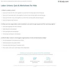 Labor Unions Quiz Worksheet For Kids Study Com