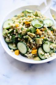 Add the drained couscous to the dressing and mix well. Cucumber Mango Avocado Israeli Couscous Salad With Mint Chile Vinaigrette Foodess Couscous Salad Israeli Couscous Salad Food