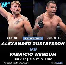 El rival de werdum será otro que regresa de hecho del retiro, el sueco y exretador al título semi completo alexander gustafsson quien decide regresar a la acción y hacerlo en peso completo. Ufc News Alerts Alexander Gustafsson Vs Fabricio Werdum Added To July 25 Ufc Event On Fight Island Hw Bout Via Combate Mma Junkie Ufc Mma Alexandergustafsson Fabriciowerdum Fight Facebook