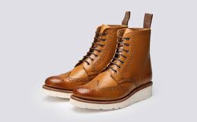 Black Boots White Sole Ladies Womens Brogue Boot In Tan Calf Leather With A White Wedge Sole Emma Grenson Shoes Three Quarter View Boots Brogue Boots Mens Brogue Boots