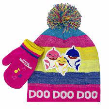 Amazon Com Baby Shark Pom Beanie Mitten Set Clothing Baby Shark Winter Hats Gloves Set