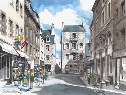 Aquarelle Sylvain Allaire Granville Manche Basse Normandie La Place Cambernon Illustration Print Street View Scenes