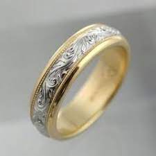 Scroll Engraved Two Tone Band Wedding Band Engraving Filigree Wedding Band Rose Gold Engagement Ring Vintage