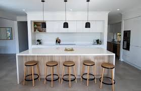 Polytec Natural Oak And White Kitchen Quantum Quartz White Swirl Benchtop Set Off With Grey Concrete Tile Flo White Tile Floor Kitchen Design White Kitchen