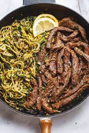 15 Minute Lemon Garlic Butter Steak With Zucchini Noodles Steak Butter Beef Dishes Zucchini Noodle Recipes