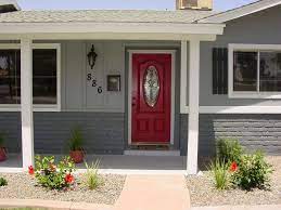grey house dark grey brick red door black house numbers white trim ranch house exterior gray house exterior grey exterior house colors