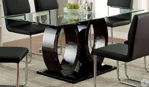 Dining table with the original base and the black, versatile finish this dining table is the perfect way of adding a classic touch to your decor. Lodia I Black Glass Top Rectangular Pedestal Dining Table From Furniture Of America Cm3825bk T Table Coleman Furniture