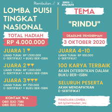 We did not find results for: Lomba Menulis Puisi Tema Rindu Berhadiah Juataan Rupiah Rembulan Rindu Bercerita Info Lomba Menulis