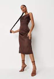 Petite Chocolate Satin Cowl Neck Midi Slip Dress Missguided