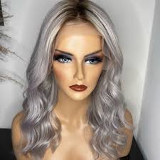 26 Inch (26") Lace Front Balayage 100% Human Hair Wig Gunmetal Gray With  Cool Silver