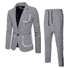 2 Piece Suit Plaid Blazer Jacket For Mens Houndstooth Single Button Suit Coat Pants For Work Business Wedding Party