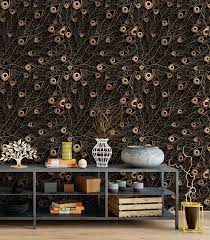 Self Adhesive Removable Wallpaper With Gold Black Peacock Etsy Gold Wallpaper Removable Wallpaper Wallpaper