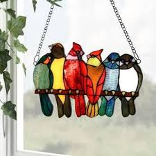 Birds On A Wire Stained Glass Hanging Panel August Grove Birds On A Wire Tiffany Style Stained Glass Window Panel Wayfair Ca Stained Glass Diy Glass Art Pictures Stained Glass Art