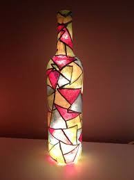 Stained Glass Light Up Wine Bottle Blue Pink Green And Yellow Painted Wine Bottles Glass Bottle Crafts Glass Bottles Art