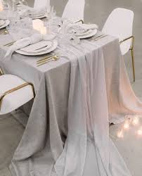Grey Table Linen And Grey Chiffon Table Runner Classic Elegance In 2020 Grey Wedding Decor Romantic Table Decor Linen Table Settings