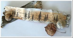 Pines On Birch Bark Birch Craft Birch Bark Decor Birch Bark Crafts