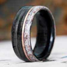 In Stock Weathered Buffalo Trace Whiskey Barrel With Colorado Elk Antler Edge And Offset Yellow Gold Inlay Size 7 5 7mm Wide Wood Wedding Ring Antler Wedding Hunting Wedding Rings
