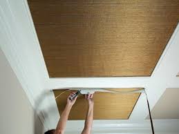 How To Install Grasscloth On A Coffered Ceiling Wallpaper Ceiling Coffered Ceiling Ceiling Finishes