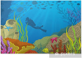 Cartoon Colored Coral Reef And Diver Poster Pixers We Live To Change Coral reef cartoon illustrations & vectors. cartoon colored coral reef and diver poster