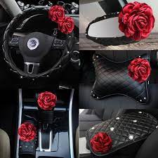 Red Rose Flower Car Seat Interior Accessories Leather Steering Wheel Cover Auto Crystal Car Interior Accessories Jeep Wrangler Accessories Cute Car Accessories