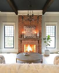 Windows Wall Color Frplc Dark Ceiling Red Brick Fireplaces Rustic Farmhouse Fireplace Farmhouse Style Living Room