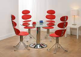 Adorable Unusual Dining Chairs With Red Color Contemporary Stylish And Round Table Glass Top Metal Base Also Table Lamp With Laminated Flooring White Wall Inspi