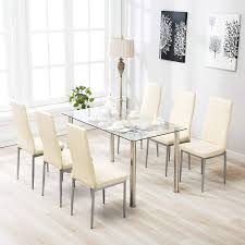 Mecor Dining Set Glass Top Table With 6 Leather Chairs Kitchen Breakfast Furnitu Kitchen Table Settings Glass Dining Table Set Glass Dining Room Table