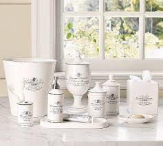 Apothecary jar is a small, covered jar, formerly used by druggists to hold pharmaceuticals, now most of us use apothecary jars to organize those items which can become lost in a bathroom. Black White Apothecary Bath Accessories Pottery Barn