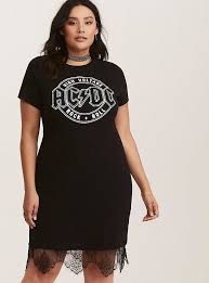 Black Ac Dc Graphic Lace Trim T Shirt Dress Shirt Dress T Shirt Dress Fashion
