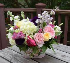 Flower Blooming Basket With Delphinium Garden Roses Ranunculus Scabiosa Hydrangeas Stock And Lis Flower Arrangements Delphinium Fresh Flowers Arrangements