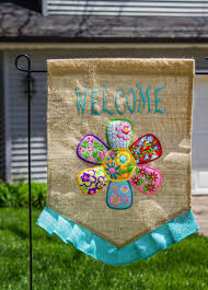 Welcome Flag Embroidery Project By Marisa Littleton Burlap Garden Flags Garden Flag Diy Machine Embroidery Gifts