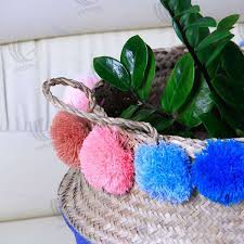 Rope was dyed by only dipping partially in organic dye. Small Dipped Bottom Seagrass Belly Basket For Planter Double Handles With Pompoms Storage Basket Handwoven In