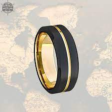18k Yellow Gold Mens Wedding Band Two Tone Tungsten Ring With Beveled Edges Mens Gold Wedding Band Mens Yellow Gold Wedding Bands 18k Yellow Gold Wedding Band