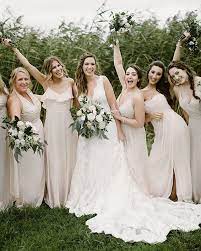 A Beautiful Light Palette Of Mix And Match Dessy Dresses In Cameo Dessygroup Dessy Dresses Dresses Dessy Bridesmaid Dresses