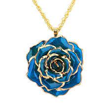Blue Rose Necklace Dipped 24k Gold Rose Flower Pendant Great Gift For Women Valentinesday Valentines Girly Jewelry Golden Necklace Blue Pendant Necklace