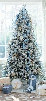 Flocked Christmas Tree With Icy Blue Color Palette Blue Christmas Decor Beautiful Christmas Trees Blue Christmas
