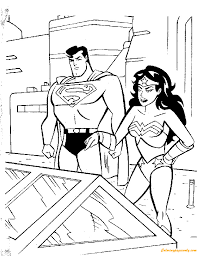 The free superhero coloring pages costumes also allow you to unleash your own hidden potential by trying to replicate the designs, improve them with your own additions and create superhero wonder women coloring pages. Superman And Wonderwoman Discussing Coloring Pages Superhero Coloring Pages Coloring Pages For Kids And Adults