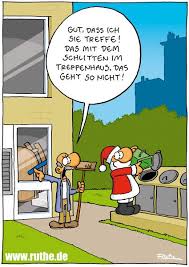 Weihnachtsmann Schlitten Treppenhaus Hausmeister Weihnachten Parken Ruthe Weihnachten Comic Lustige Weihnachtsbilder