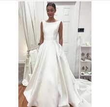 Retro Satin Beatu Neck A Line Simple Long Wedding Dresses With Pocket Sweep Train Custo In 2020 Wedding Dress Train Long Train Wedding Dress Chapel Train Wedding Dress