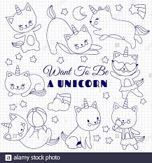 Cute striped cat, sketch for your design. Cute Cats Like Unicorn Vector Set Cartoon Kittens On School Notebook Page Illustration Of Unicorn Cat Drawing Funny Animal Smile Stock Vector Image Art Alamy
