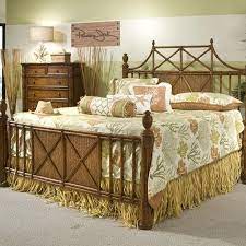 Indonesian Mahogany Wood Framed Bed With Leather Wrapped Bamboo And Rattan Detailed Accents And Carved Tropical Bedroom Decor Bamboo Bedroom Mattress Furniture