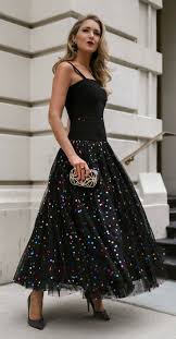 Click For Outfit Details Black Metallic Polka Dot Tulle Gown Black Gold Metal Clutch Purse With Box Clasp Black Gold Stud Pumps Black Hoop Toda Fashion Tulle Gown Dresses