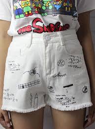 White Graffiti Print Fringe Denim Shorts Shein Sheinside Denim Inspiration Clothes Design Graffiti Prints