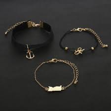 Black And Gold Bracelet Set Kati Cute Cat Bow Anchor Black Gold Chain Bracelet Set 3 Pieces Black Gold Chain Bracelet Set Bracelets