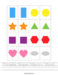 A worksheet in which students must identify shapes and match the pictures with the words. Printable Shapes Memory Match Worksheet Twisty Noodle