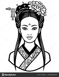 Portrait of the young Chinese girl with an ancient hairstyle. Monochrome  vector illustration isolated