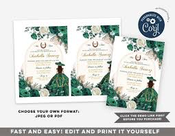 Editable Boho Hunter Green Quinceañera Invitation, Boho Green Floral Mis Xv  Años Invitation, Green Dress Princess Mis Quinice Invite S385