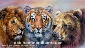 Lions And Tigers And Bears In Uniquely Colorful Yet Realistic Painting Style Of Deb Hoeffner Illustration Bear Illustration Pet Portraits Animal Illustration